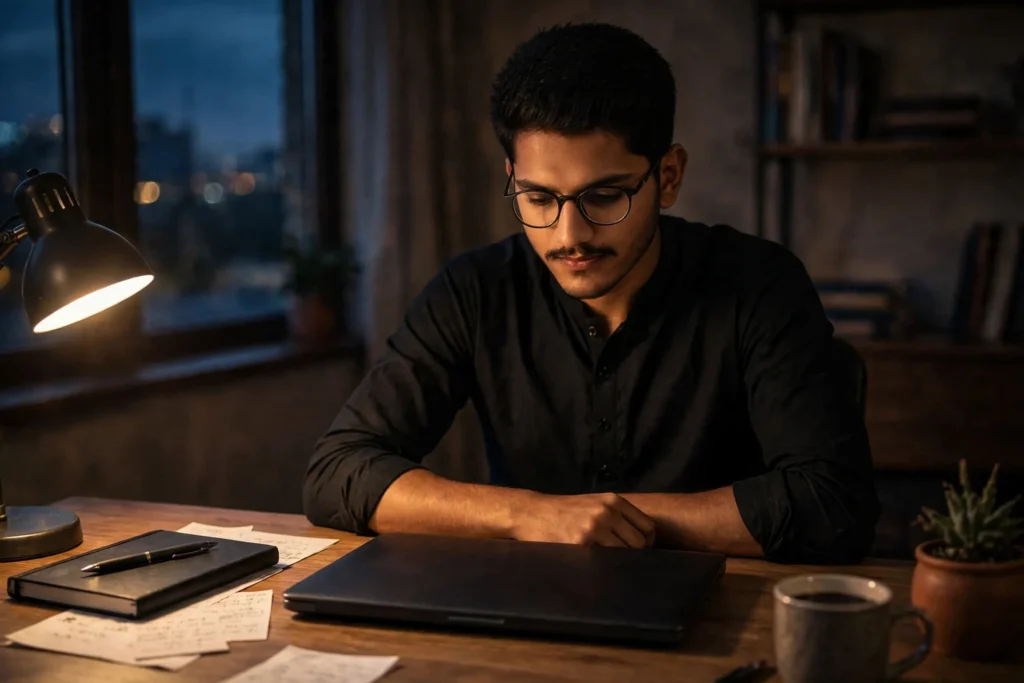 Saqib Jatoi sitting at his desk in the evening, looking down at a closed laptop