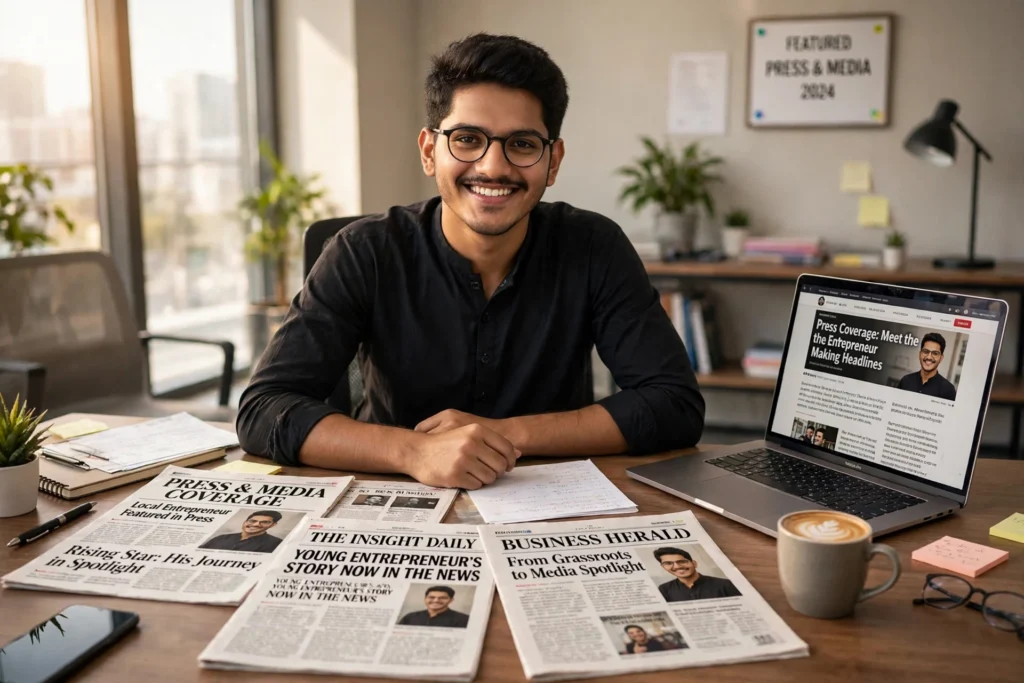 Saqib Jatoi at his desk with newspapers and a laptop showing his press and media coverage